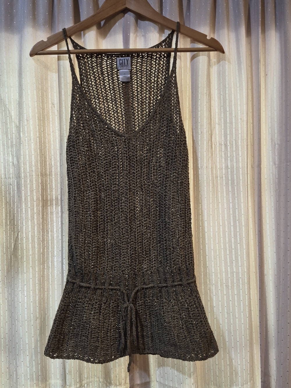 City DKNY Vintage Y2K Open Knit Linen Blend Crochet Drawstring Tank Top S